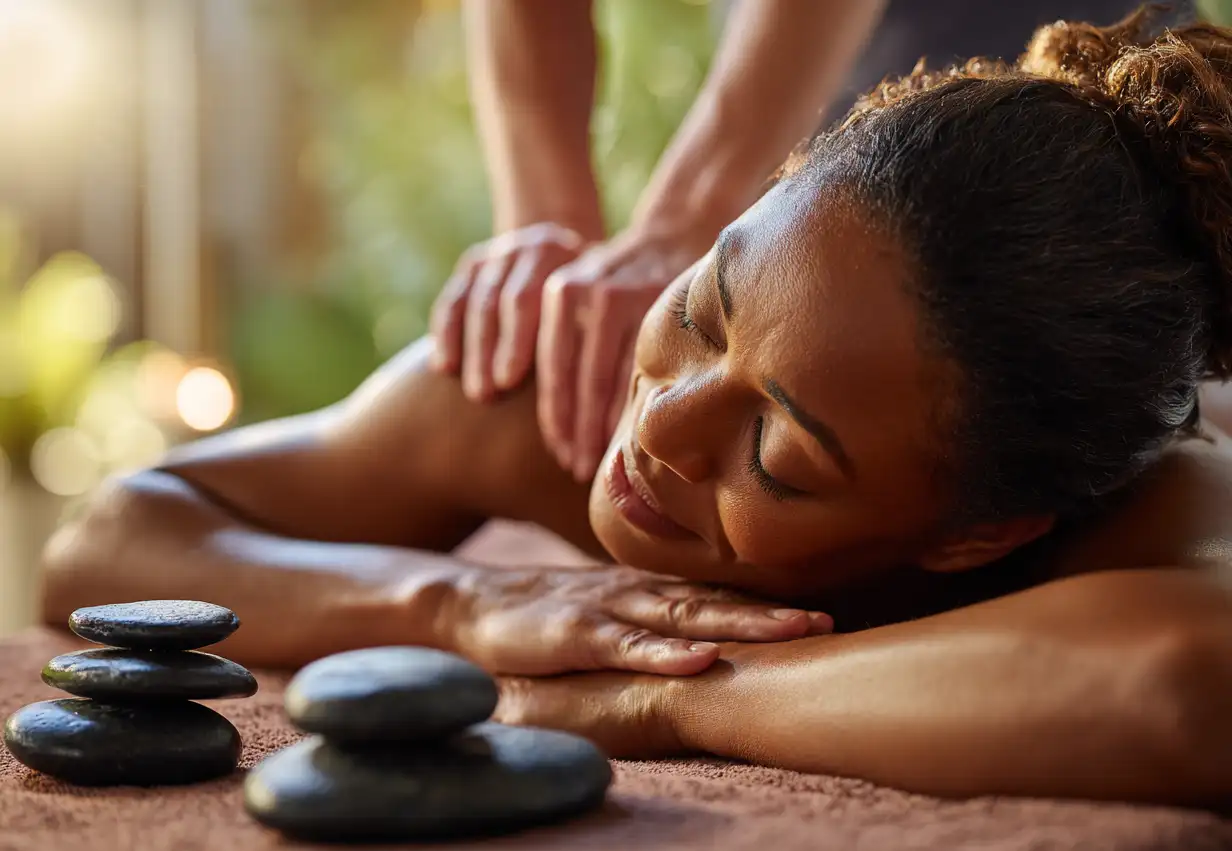 Hot Stone Massage – Gießen BeautyRoom 48 Hot Stone Massage - Gießen BeautyRoom 48. Eine Frau liegt entspannt mit geschlossenen Augen auf einer Massageliege und erhält eine Hot Stone Massage.